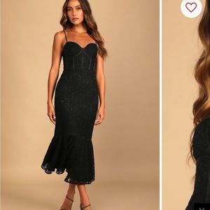 Black lace trumpet midi dress